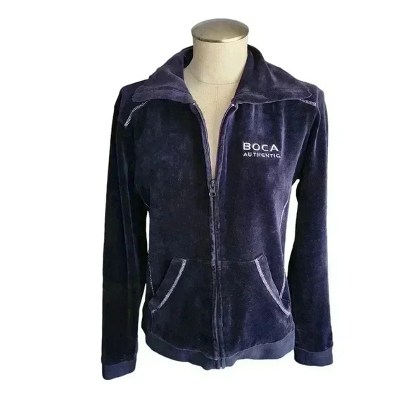Vintage Y2K Boca Velour Zip-Up Sweatshirt L Navy - Picture 1 of 12